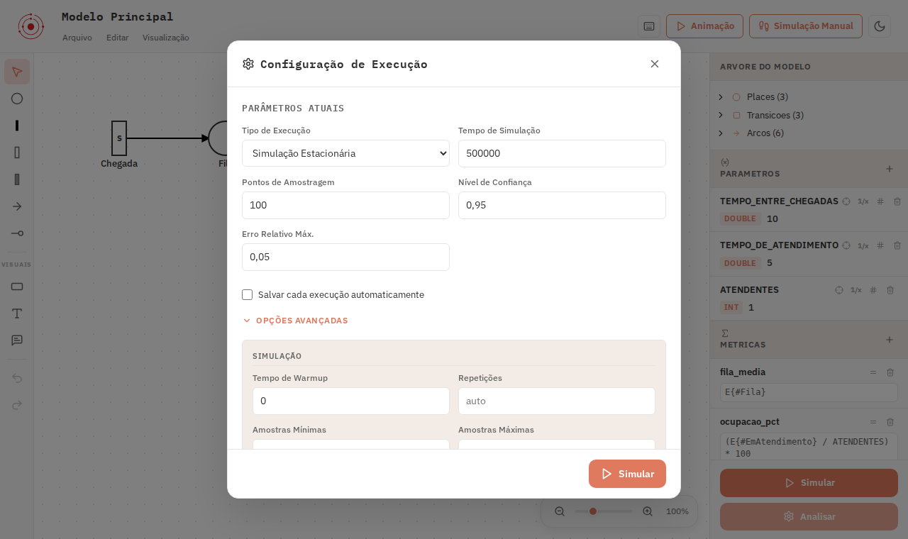 O modal de configuração com as opções avançadas abertas